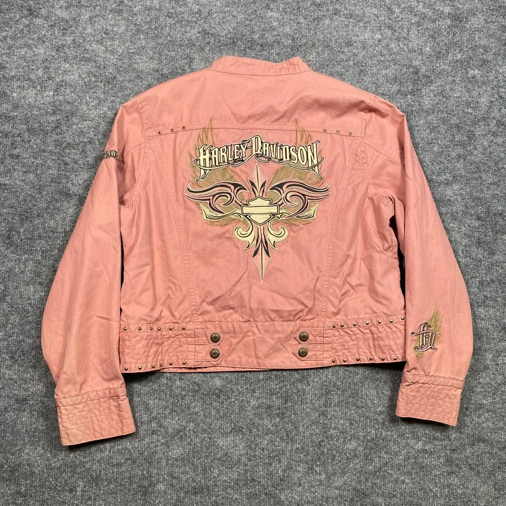 Harley-Davidson Womens Pink Studded Embroidered Moto Biker Jacket‎ Petite L